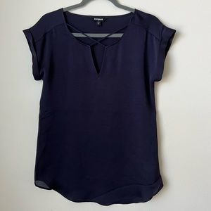 Navy Express Blouse with Cross Detail at neckline